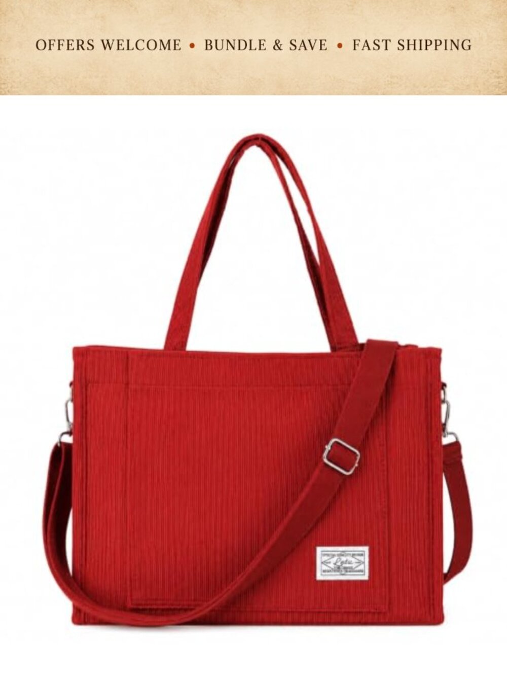 Corduroy Tote Bag Large Shoulder Handbag Crossbody Adjustable Strap
